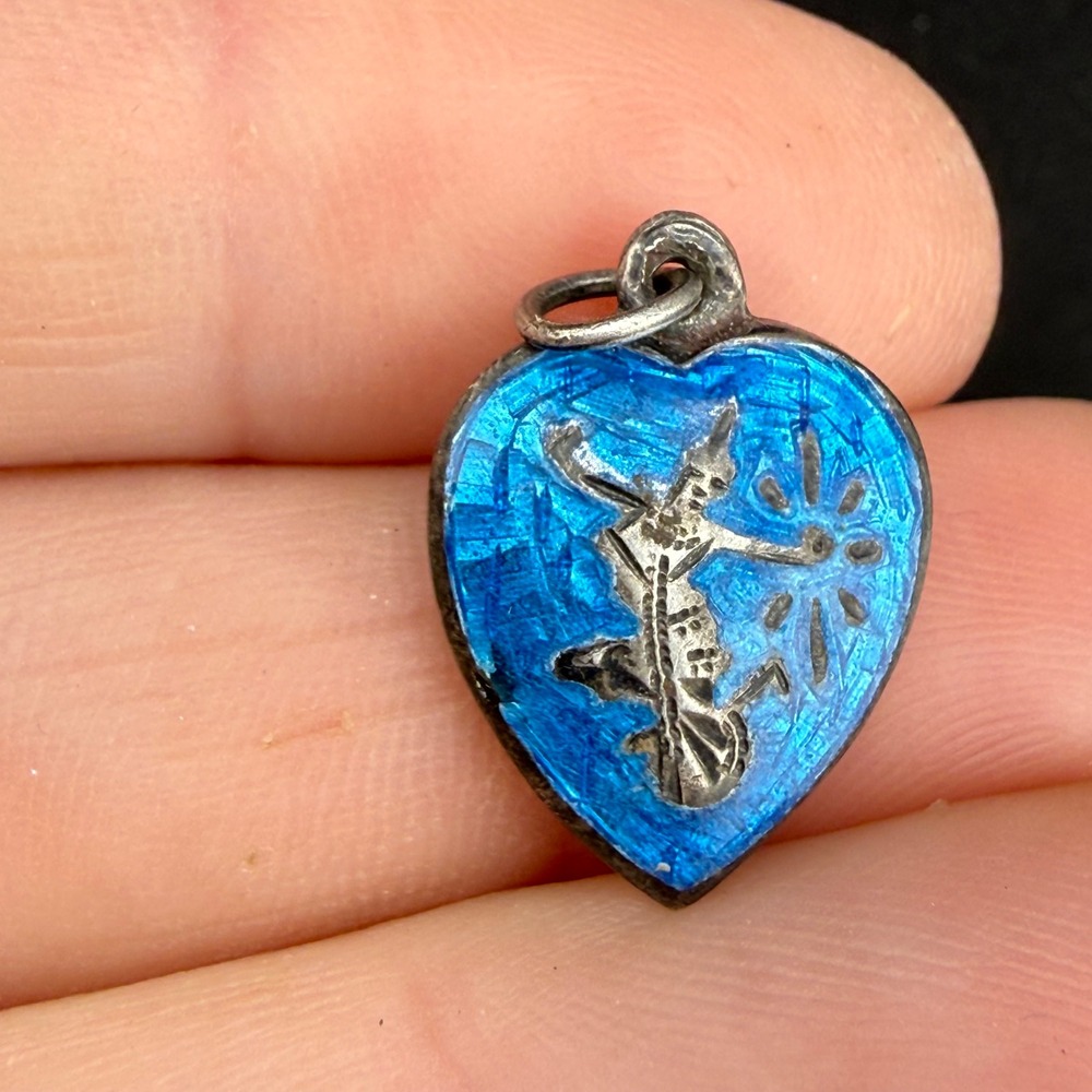 Vintage Siam Heart Pendant Blue Enamel Dancing‎ Figure Silver Tone Charm